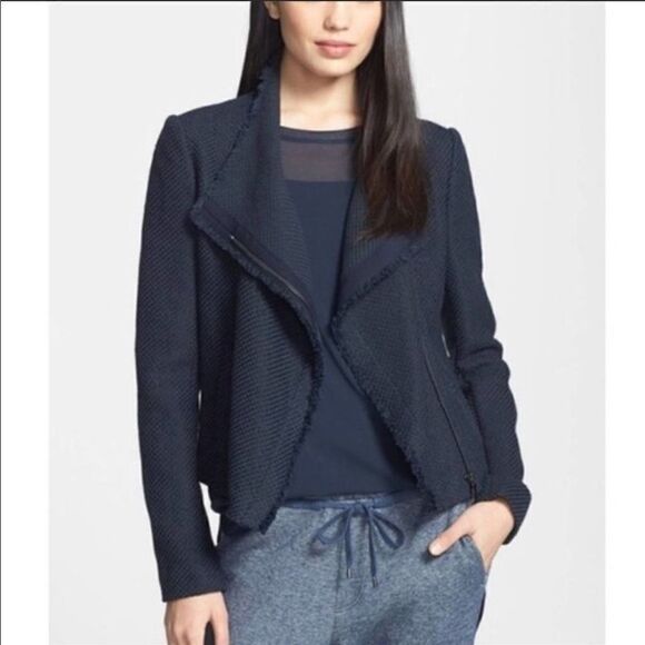 Vince Frayed Edge Tweed Scuba Moto Navy Jacket - Picture 1 of 10